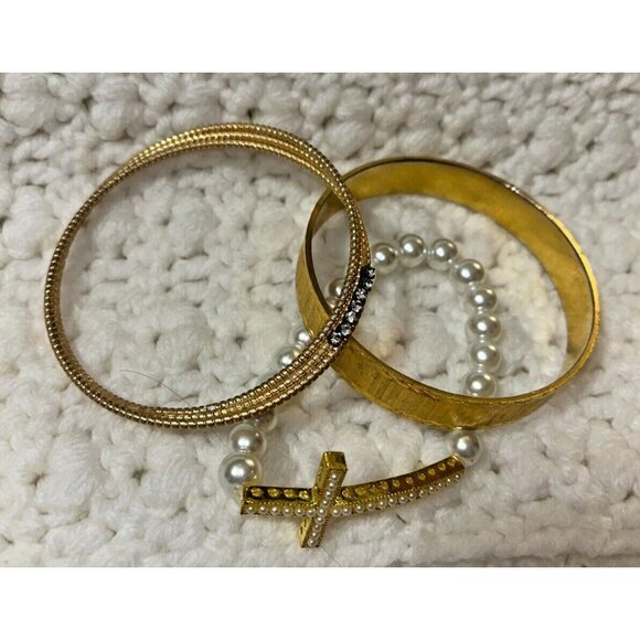 Set of 3 Golden Rhinestone Faux Pearl Cross Stackable Layered Bangle Bracelets - Picture 2 of 4